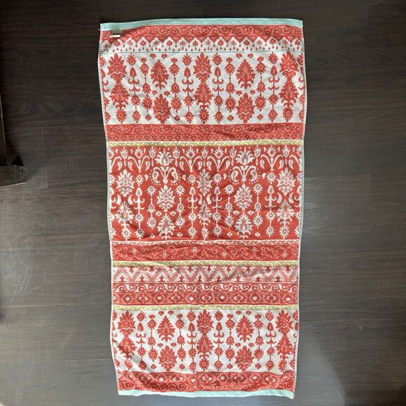 SET OF 2 WORLD MARKET MIRIAM IKAT 100% COTTON BATH TOWELS BOHO CORAL AQUA RED - Picture 10 of 10